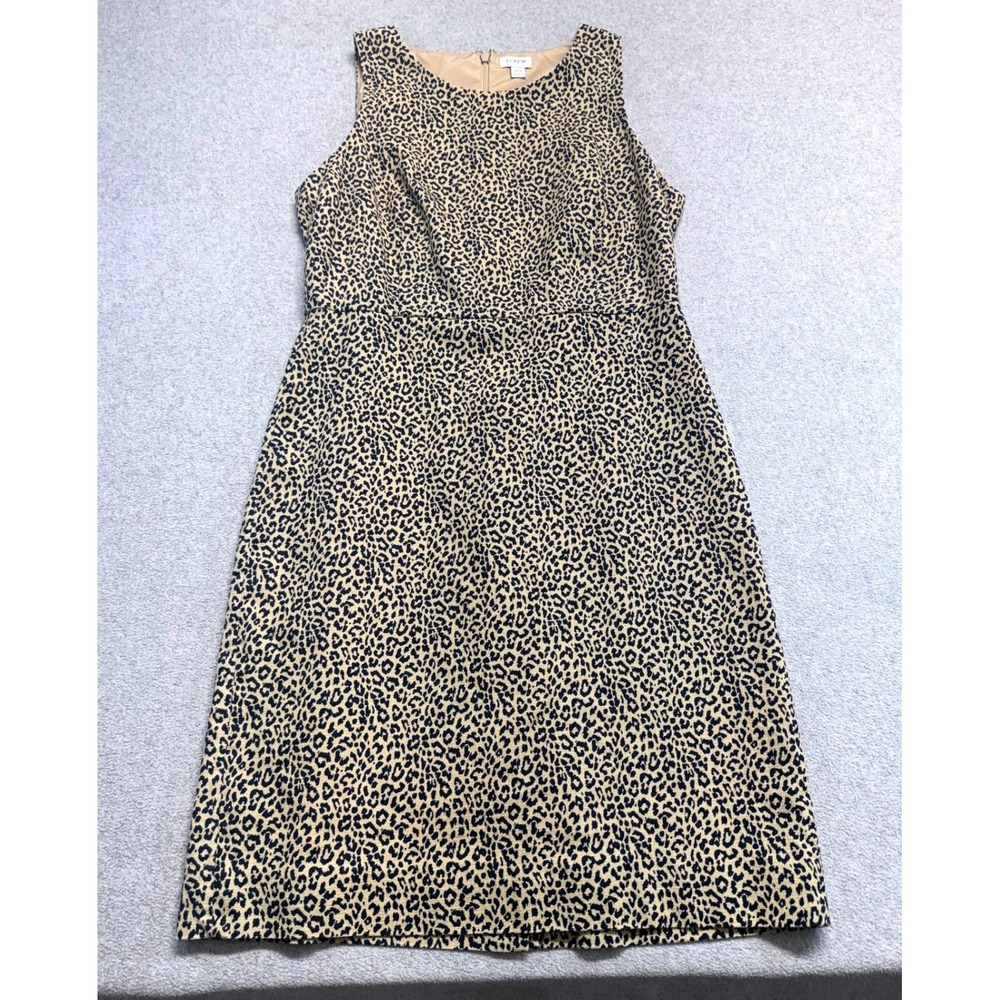 J.Crew Factory Womens 10 Leopard Print Cotton Sheath Dress Tan Navy Classic Fall